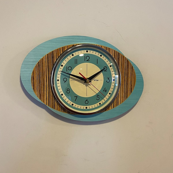 Colour Etched Formica Wall Clock in Light Grey Faux Walnut & Zebra Wood from Royale - Midcentury Atomic Gambit Retro style.