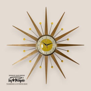 Handmade Mid Century Starburst Clock: Blonde Teak & Bumble Bee Yellow - 4 Sizes