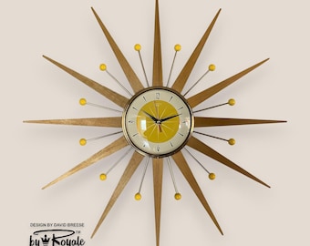 Handmade Mid Century Starburst Clock: Blonde Teak & Bumble Bee Yellow