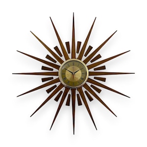 British Made Large 30&quot;  Mid Century style Starburst Clock by Royale - Solid Brass Face & Medium Waxed Solid Teak Wood Rays