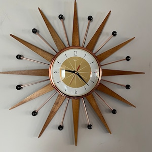 21 inch Hand Made Mid Century style Starburst Clock by Royale Welby style in Burnt Gold Face, Black Balls & Medium Teak Rays