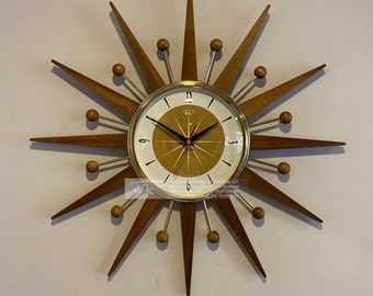 19 inch Hand Made Mid Century style Majestic Starburst Clock by Royale Medium Waxed Teak Rays Burnt Gold 1950s Face & Goldtone Frame