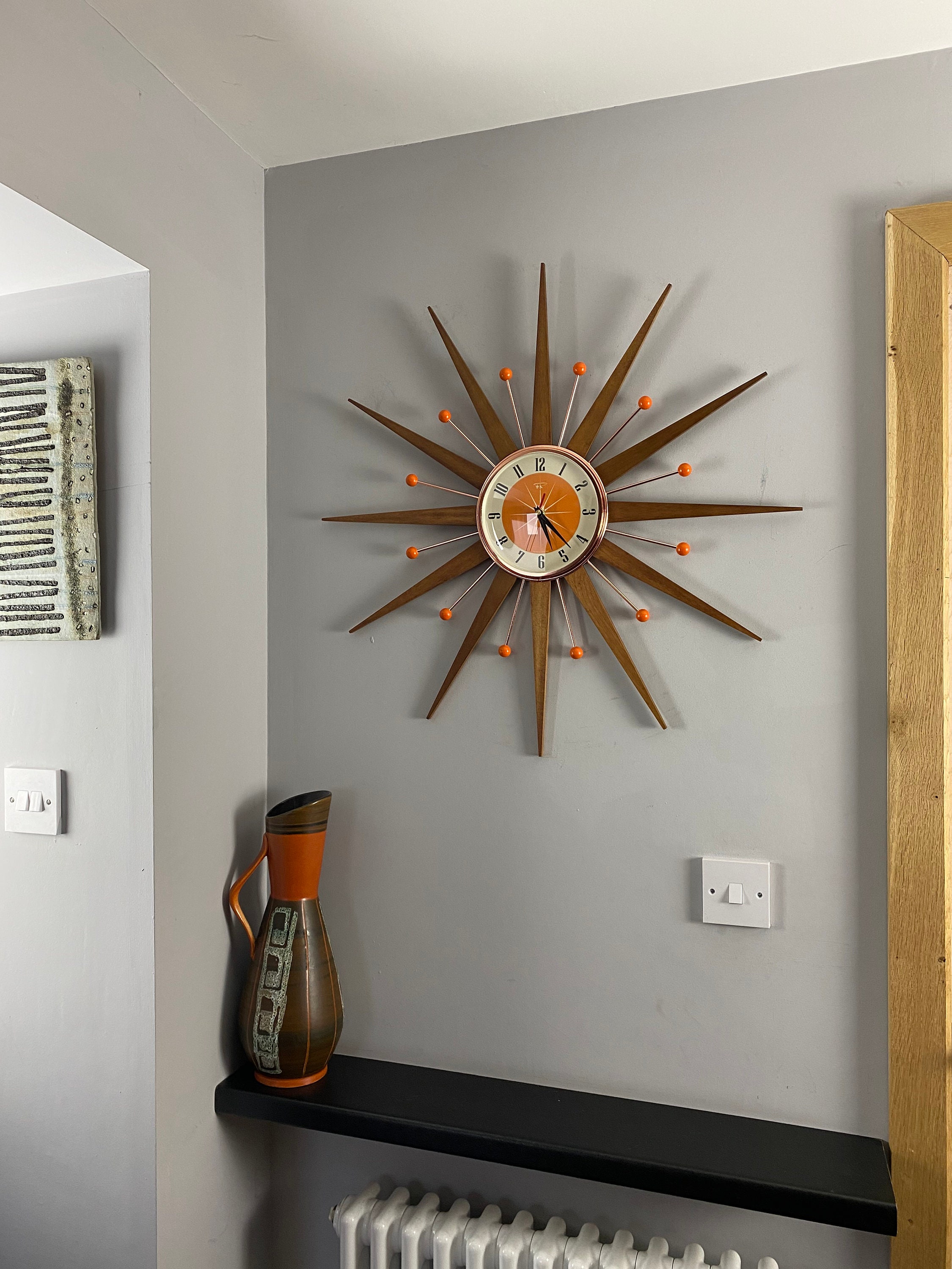 Handmade Mid Century Starburst Clock: Teak Rays, Tangerine Dial