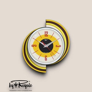 Mid Century Modern 1950s Atomic Wall Clock for Vintage Home Office Decor Retro Space Age in Royalexe Laminate - The Meteor Eye in Yellow