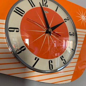 British Handmade Tangerine Royalexe Wall Clock by Royale - Midcentury French Atomic Retro style with Starburst Design