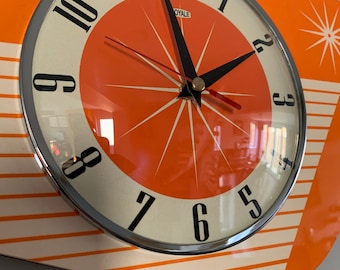 Handmade Tangerine Starburst Wall Clock: Mid-Century Atomic Style