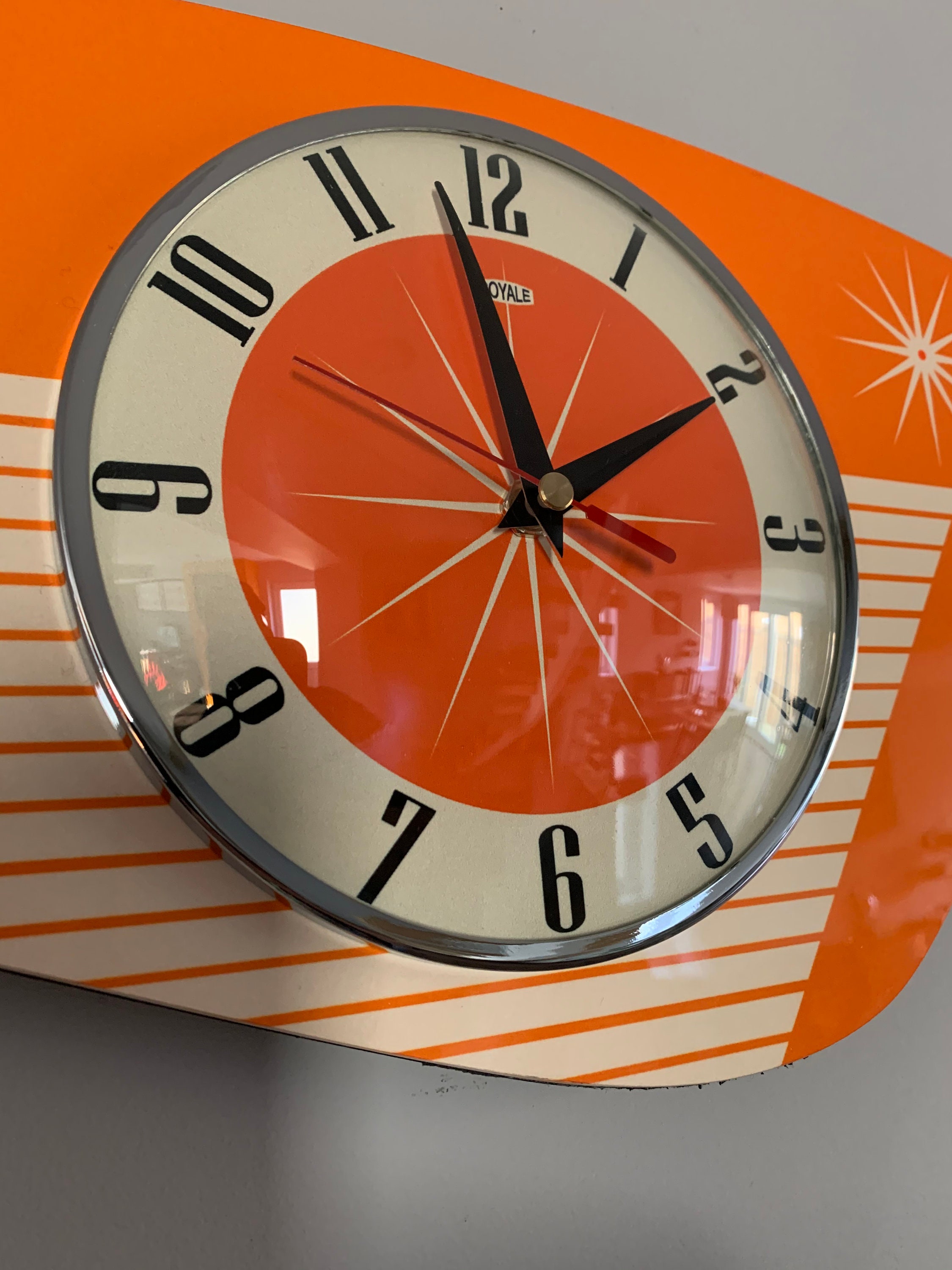 British Handmade Tangerine Royalexe Wall Clock by Royale - Midcentury French Atomic Retro style with Starburst Design