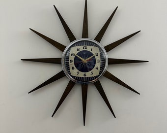 Royale Starburst Wall Clock Mid Century Modern style Chrome Silent 21” Dark Walnut Waxed Teak Rays Navy Cream Square Ray Face British Made