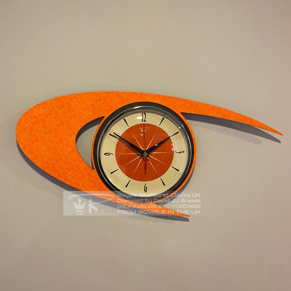 Royalexe Laminated Wall Clock from Royale - Midcentury Atomic Boomerang Retro style in Neon Tangerine