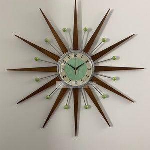 Royale Starburst Wall Clock Mid Century Modern style Chrome Frame Silent Medium Teak Rays Jadeite Green Face & Atomic Balls British Made
