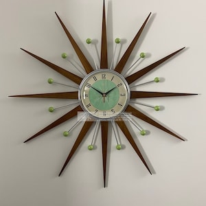 Royale Starburst Wall Clock Mid Century Modern style Chrome Frame Silent Medium Teak Rays Jadeite Green Face & Atomic Balls British Made