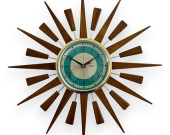 21” Teak Atomic Starburst Wall Clock – Silent Movement, Mid Century Statement Piece