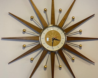 27 inch Hand Made Mid Century style Goldtone Starburst Clock by Royale Medium Teakwood Rays, Burnt Gold & White 1950's Face
