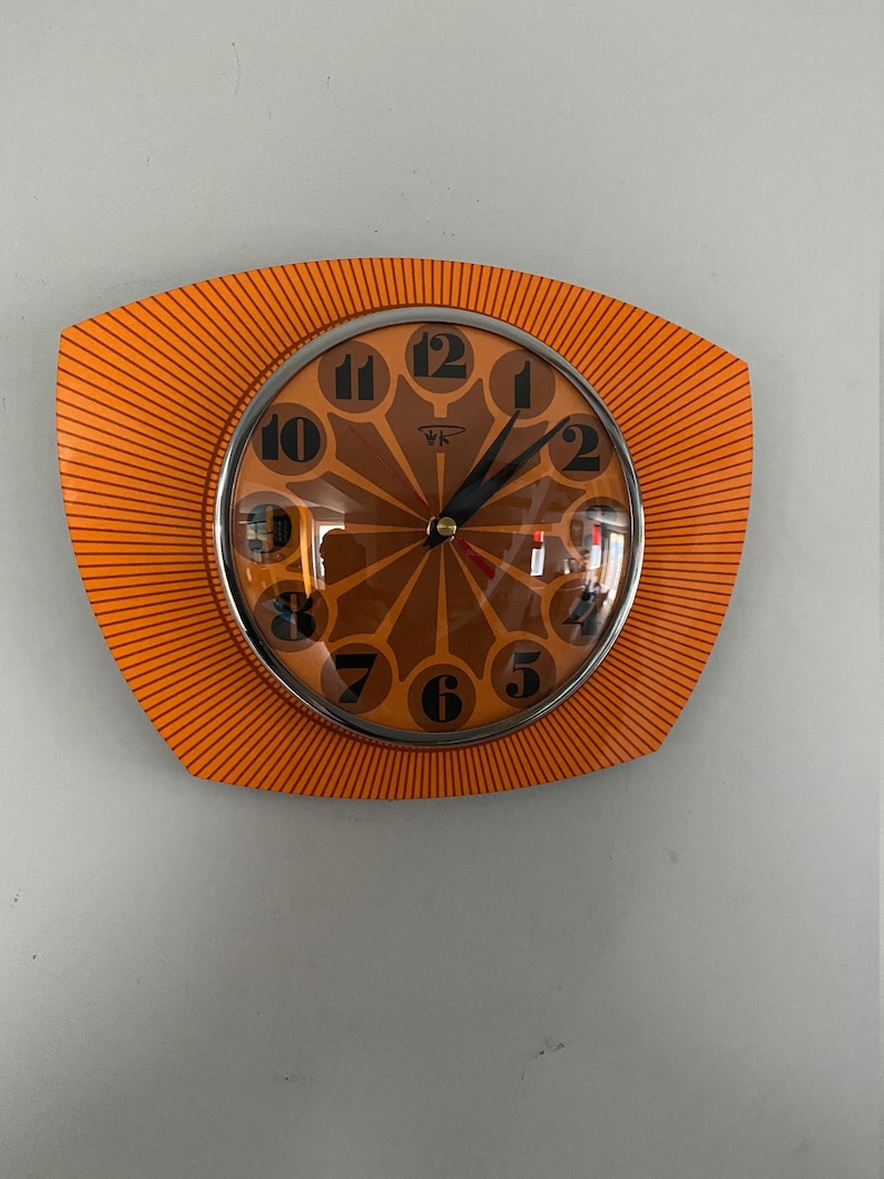 Formica Lucite Asymmetric Wall Clock from Royale 1970's Retro style in Tangerine Orange image 1