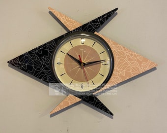 Royalexe Wall Clock by Royale Midcentury Atomic Double Boomerang Retro style in Black & Smokey Salmon with a Classic 1950's Dial