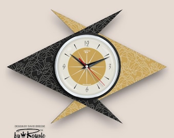 Atomic Double Boomerang  Wall Clock: Mid-Century Modern Black & Turquoise