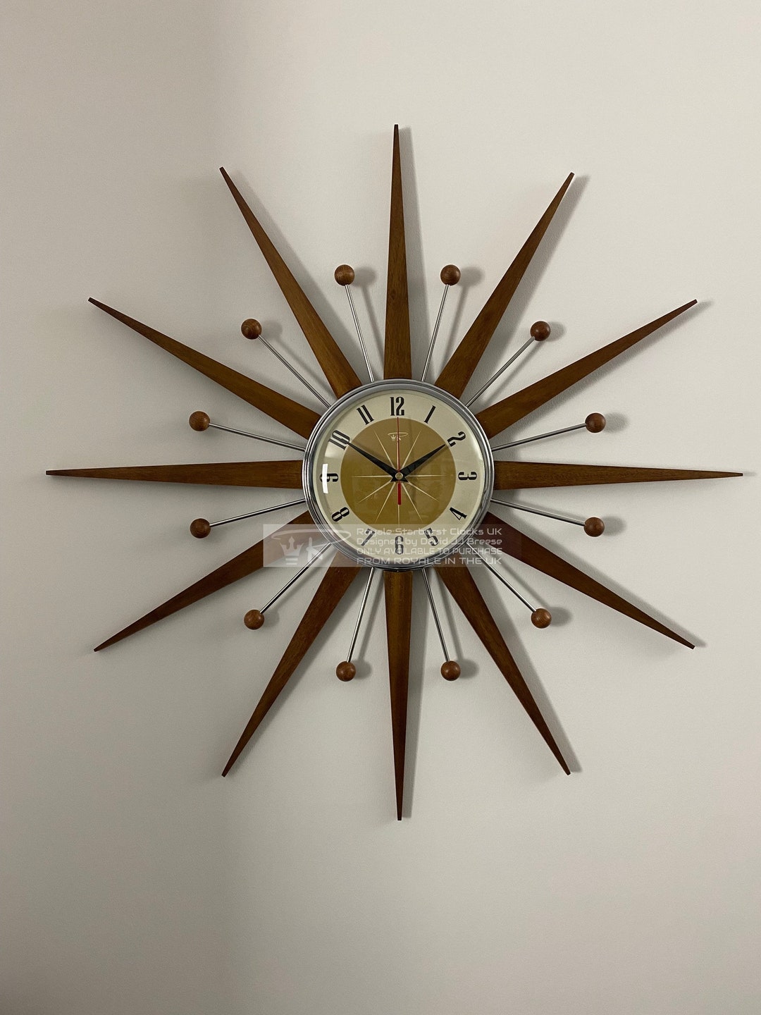 Handmade Mid Century Modern Starburst Wall Clock: Teak &amp; Chrome, Silent ...