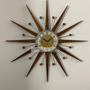 Handmade Mid Century Modern Starburst Wall Clock: Teak & Chrome, Silent Sweep