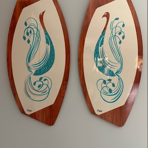Matching pair of Retro handmade mid century style asymmetric Turquoise Peacocks Formica Wall Art Plaques by Royale Starburst