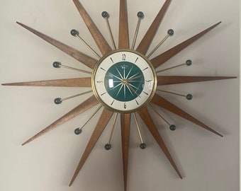 27 inch Hand Made Mid Century style Goldtone Starburst Clock by Royale - Classic Teal Face & Medium Teak Wood Rays