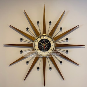 27 inch Hand Made Mid Century style Majestic Starburst Clock by Royale Medium Teak Rays, Black & Goldtone