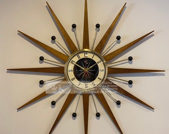 27 inch Hand Made Mid Century style Majestic Starburst Clock by Royale Medium Teak Rays, Black & Goldtone