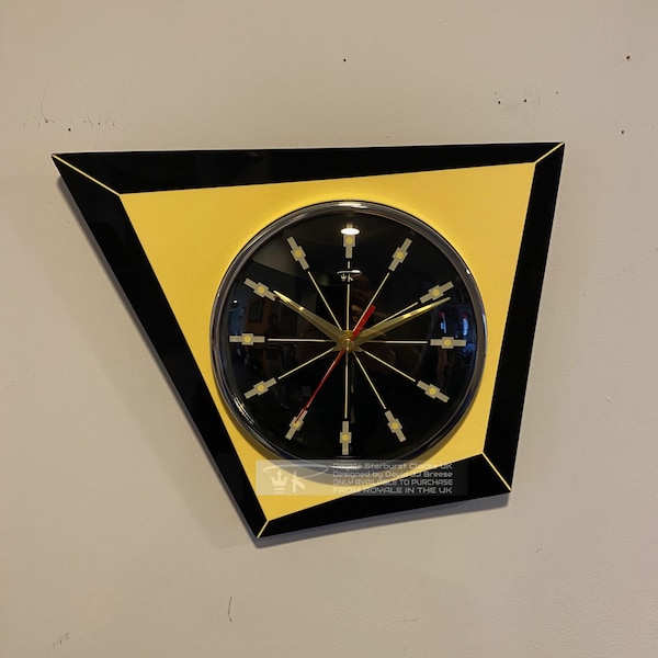 Royalexe Laminate Asymmetric Wall Clock by Royale - Midcentury Retro style in Black & Mustard with Black Face