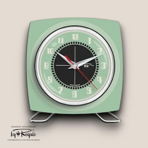 Mint Green Mantle Clock By Royale: Royalexe Laminate Mid-Century Atomic Jetsons Style