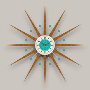 Large 30 inch Hand Made Mid Century style Starburst Clock by Royale - Welby style Medium Teak Rays & with Turquoise Dial