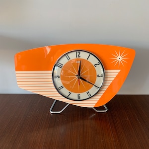 Handmade colour etched Lucite & Formica Mantle Clock in Bright Orange from Royale - Midcentury French Atomic Retro style