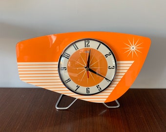 Handmade colour etched Lucite & Formica Mantle Clock in Bright Orange from Royale - Midcentury French Atomic Retro style