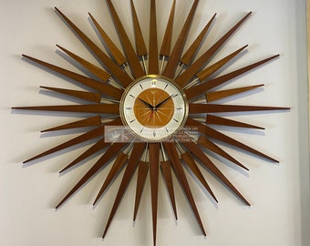 Large 30 inch Hand Made Mid Century Seth Thomas style Starburst Clock by Royale with Burnt Orange & White 1950's dial