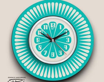 Wall Clock Mid-Century Modern: Handmade Royalexe Laminate 1970s Segment Turquoise Choice of 12 Colours