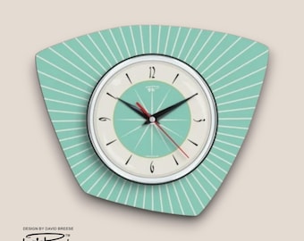 Handmade Asymmetric Wall Clock: Aquastone Mid-Century Atomic Style - 12 Colours