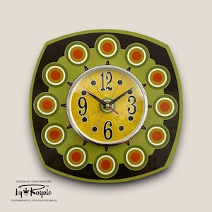 Retro 1970s Handmade Sunburst Wall Clock - Avocado & Dark Brown with Bright Yellow Face
