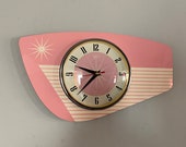 Handmade Formica Wall Clock from Royale - Midcentury French Atomic Retro style with Starburst Design in First Lady Pink Cream