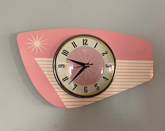 Handmade Formica Wall Clock from Royale - Midcentury French Atomic Retro style with Starburst Design in First Lady Pink & Cream