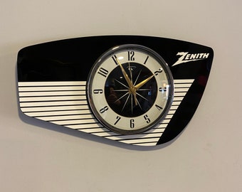 Handmade Black & White Wall Clock from Royale - Midcentury French Atomic Zenith Retro style with Starburst Formica Design