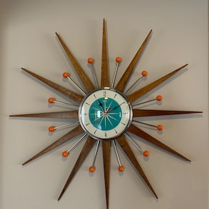 27 inch Hand Made Mid Century style Starburst Sunburst Clock by Royale - Welby style Medium Teak Rays & with Turquoise Dial