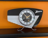 Handmade colour etched Zenith Radio Mantle Clock from Royale - Midcentury French Atomic Retro style with Starburst Formica Design