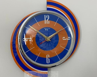 Colour Etched Iron Brew Spinning Meteor Formica Caravan Wall Clock from Royale - Midcentury Atomic 1970's Retro style.