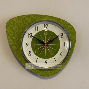 Handmade Asymmetric Queens Gambit style Wall Clock in Avacado with design 03 Starburst Dial from Royale Midcentury French Atomic Retro.