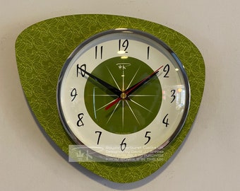 Handmade Asymmetric Queens Gambit style Wall Clock in Avacado with design 03 Starburst Dial from Royale Midcentury French Atomic Retro.