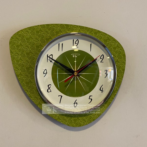 Reloj de pared atómico moderno de mediados de siglo, asimétrico y hecho a mano: estilo guijarro, 12 colores.