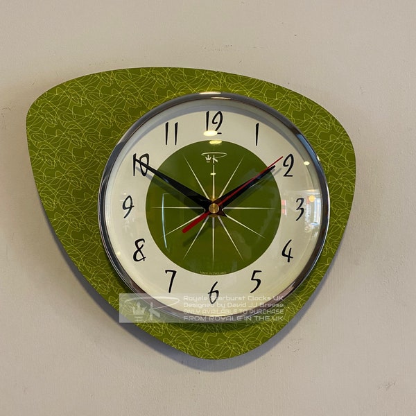 Handmade Asymmetric Queens Gambit style Wall Clock in Avacado with design 03 Starburst Dial from Royale Midcentury French Atomic Retro.