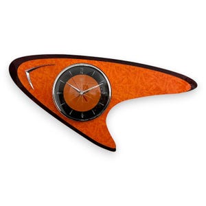 Mid Century Modern Retro Boomerang Wall Clock British Handmade Tangerine Orange Royalexe By Royale - Atomic Era with 3D Chrome Accent