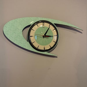 British Hand Made Royalexe Laminate Silent Wall Clock - Midcentury Atomic Boomerang Retro style in Fire King Jadeite Green