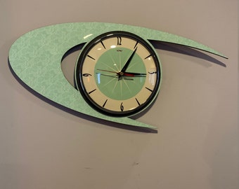 British Hand Made Royalexe Laminate Silent Wall Clock - Midcentury Atomic Boomerang Retro style in Fire King Jadeite Green