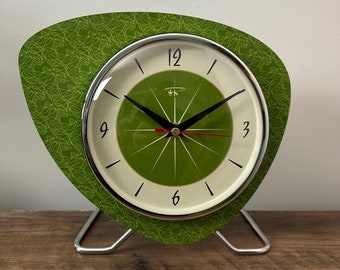 Handmade Asymmetric Queens Gambit style Mantle Clock in Avacado with Starburst Face No.26 By Royale - Midcentury French Atomic Retro