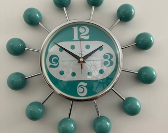 British Made Silent Ball Burst Clock by Royale - Hand Made Starburst Midcentury Modern style in Old Turquoise & White